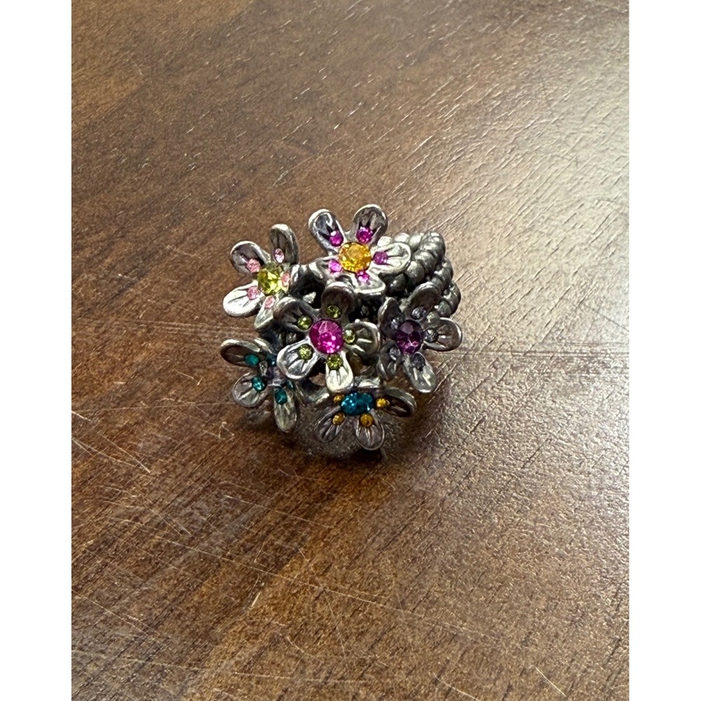 Vintage Style Floral Cluster Stretch Ring Multicolor Rhinestone Silver Tone